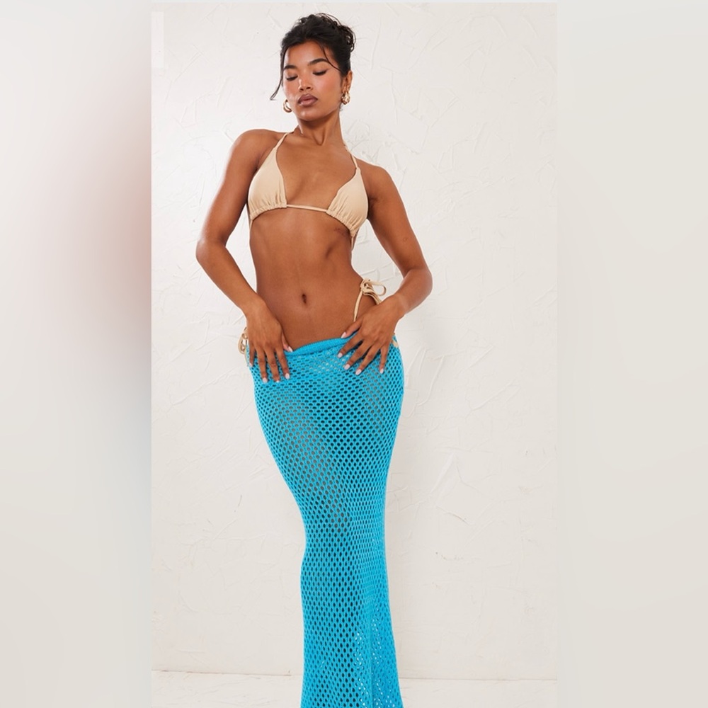 PrettyLittleThing Beige Bikini with Blue Mesh Skirt